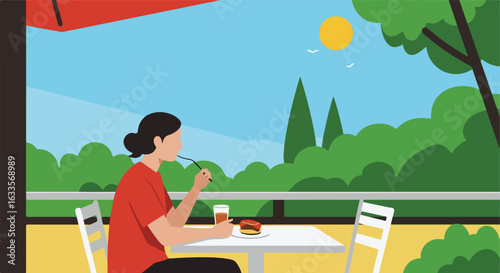 Woman at cafe drinks and eats on patio with nature background under sunny sky