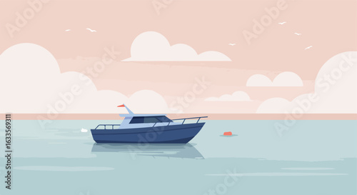 Boat adrift in calm waters, pink sky, clouds, and sea birds