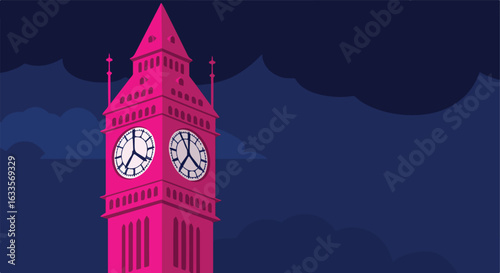 Pink clock tower against a blue night sky with cloud-like shapes
