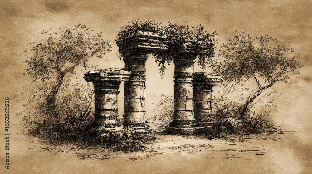 Fototapeta premium Ruined pillars in a jungle setting.