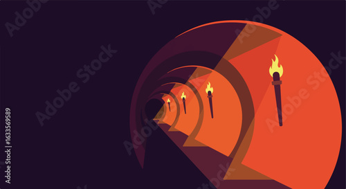 Abstract perspective image of torches leading to the right