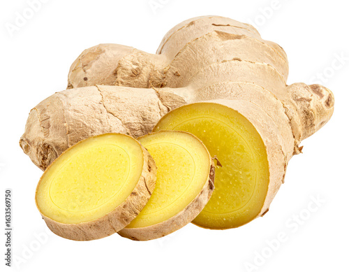 Fresh ginger root slices spice ingredient cooking food healthy herbal on transparent background