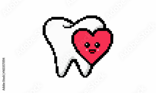 tooth and heart cartoon pixel illustration