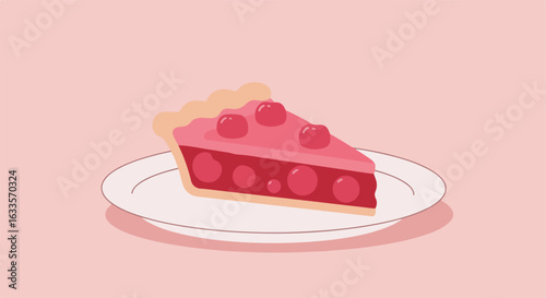 Cartoon cherry pie slice on white plate against pink background