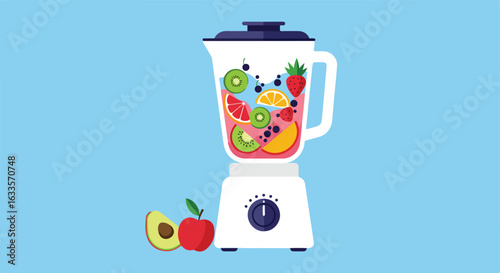 White blender filled with fruit, next to an apple and avocado slice