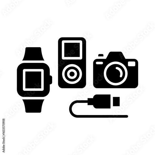 Digital lifestyle gadgets smart watch mp3 player camera and usb cable modern tech in minimalist black and white design