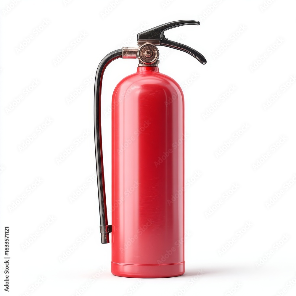 Fototapeta premium A close-up studio shot of a red fire extinguisher on an isolated background. The fire extinguisher is standing upright. It's a symbol of safety and emergency preparedness