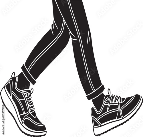 Person walking in sneakers and pants legs feet