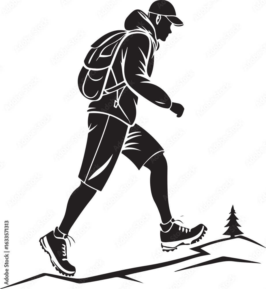 Fototapeta premium Hiker with backpack climbing a hill hiking