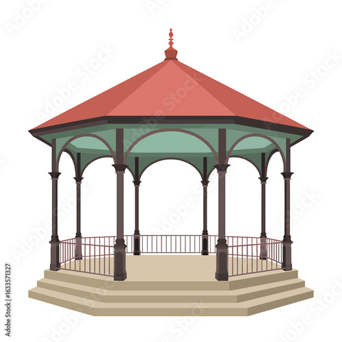 Classic Victorian Style Gazebo Illustration with Brown Columns Red Roof and Elegant Design Isolated on White Background