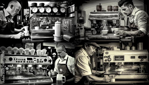 Collection of images, in monochrome, showing different baristas preparing various coffee drinks at different stations.