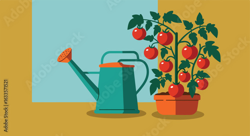Watering can next to tomato plant in pot, flat style