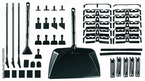Arrangement of various cleaning and scraping tools including dustpan and scrapers on a white surface silhouette