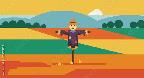 Stylized scarecrow standing in a colorful autumn field, hills in the back