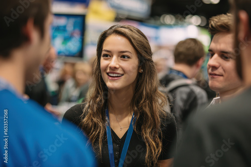 Young woman engages confidently with attendees at a trade show in an exhibition hall, showcasing vibrant conversation and networking opportunities among participants