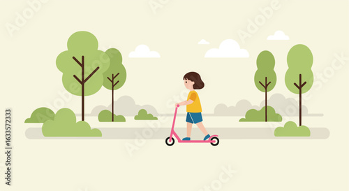 Girl rides pink scooter in park with trees and clouds on a beige background