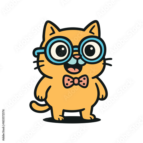 Cute cartoon orange cat with glasses and bow tie, vector illustration