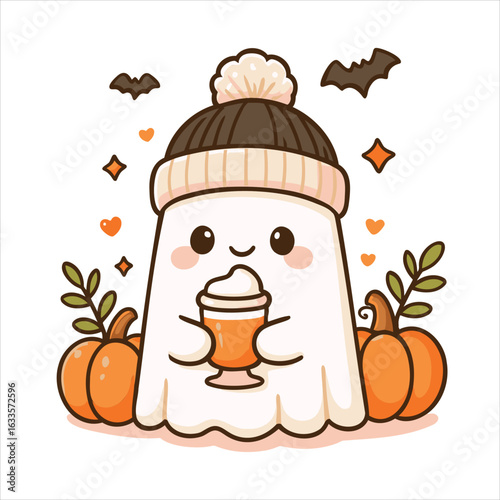 Cute ghost drinking pumpkin latte with cozy hat  autumn kawaii Halloween illustration with pumpkins, bats and whipped cream drink