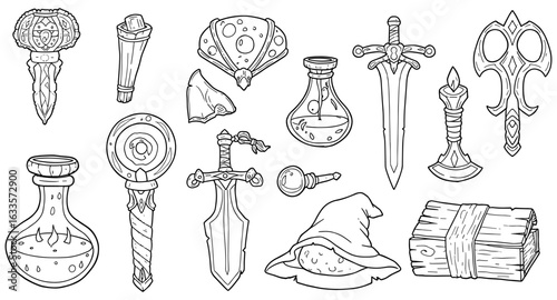 Hand drawn fantasy adventure icons: swords, potions, and magical artifacts
