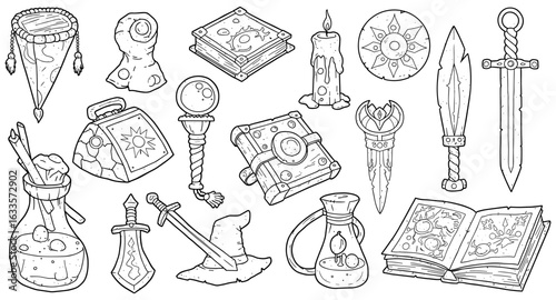 Fantasy magic items collection: sword, potion, spellbook, crystal