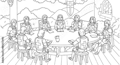 Medieval knights planning strategy at round table in line art style