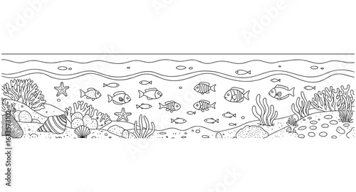 Underwater scene with fish and coral in linear style