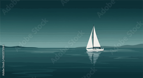 Sailboat on calm water, teal hues, with mountain outlines in the background