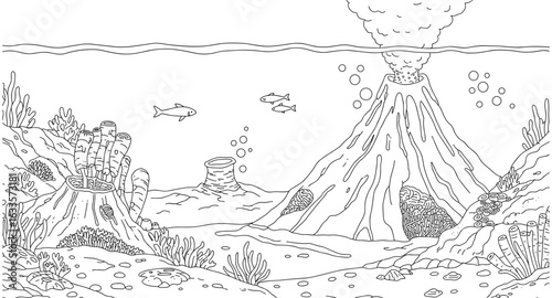 Submarine volcanic landscape with marine life in black and white line art