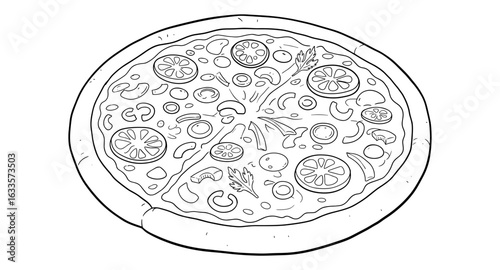 Hand drawn pizza with various toppings in black and white