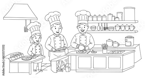 Family cooking together in a kitchen setting with chefs wearing hats and aprons