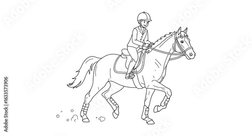Line art of equestrian rider galloping on horse