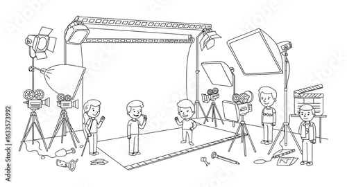 Behind the scenes: cartoon production studio with crew and video equipment