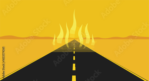 Road to flames in yellow desert landscape