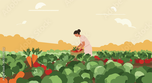 A woman harvests vegetables in a lush garden under a pastel sky