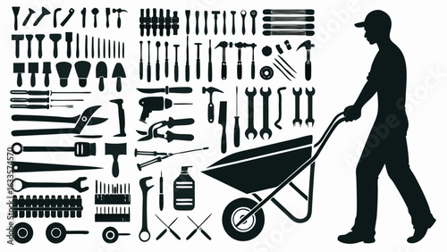 Silhouette of a man pushing a wheelbarrow surrounded by various tools and equipment in black and white
