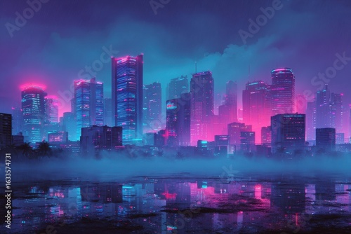 Wallpaper Mural Futuristic Cityscape at Night with Neon Lights and Foggy Atmosphere Torontodigital.ca