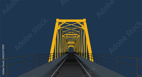 Yellow truss bridge with railway against a dark blue sky perspective view