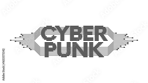 Cyberpunk black lettering or logo on a white background. A cyber punk title in which letters are connected by electronic conductors like on a computer motherboard. Cyberpunk lettering to a T-shirt.