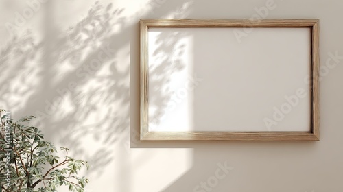 Light beige wall, wooden frame, blank canvas, plant shadows