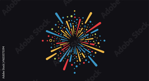 Abstract burst of colorful lines and circles on a dark background
