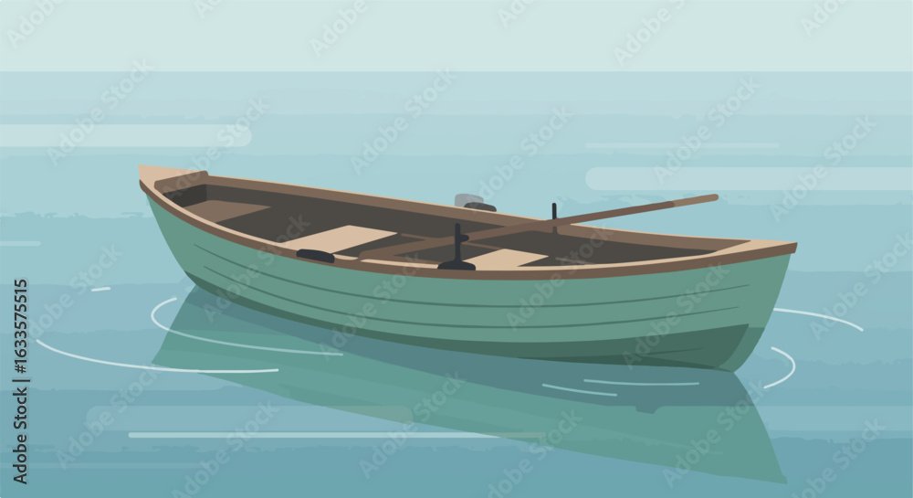 Naklejka premium Solitary rowboat, wooden, turquoise, rests peacefully on water surface, with ripples