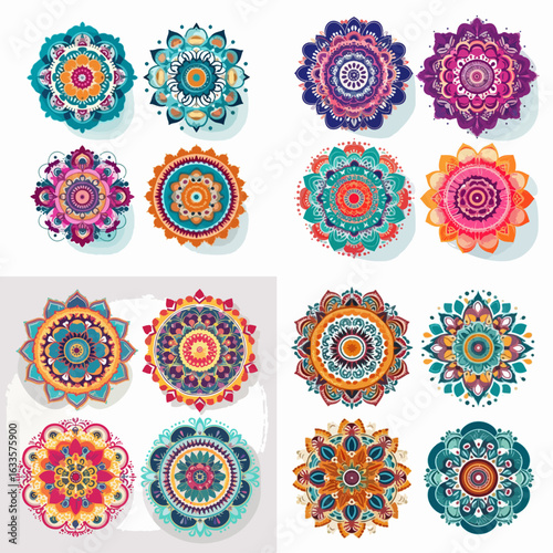 Collection of vibrant, circular, decorative patterns, featuring intricate floral and geometric designs. Each pattern is unique in its color scheme and detail.