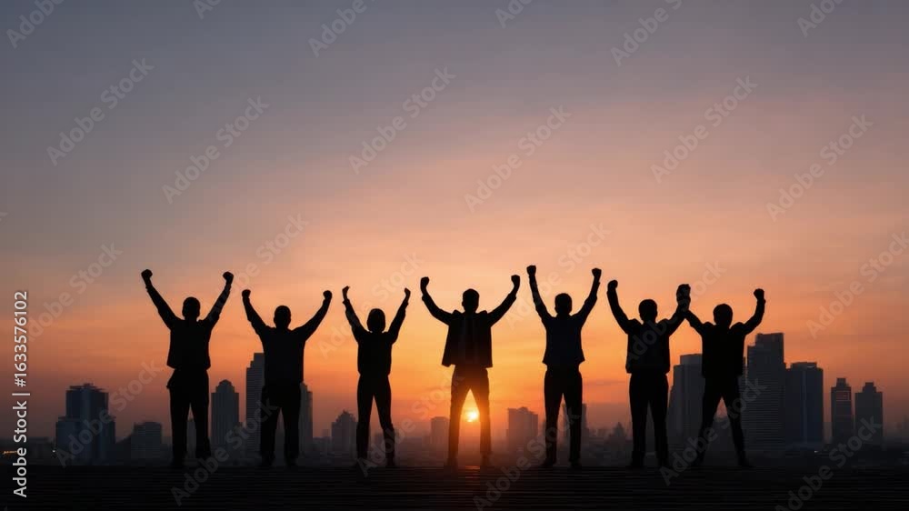 Success Sunset Silhouette: A silhouette of a unified team celebrates victory against the backdrop of a vibrant sunset over a city skyline, highlighting unity and goal achievement. Success Sunset Silhouette: A silhouette of a unified team celebrates victory against the backdrop of a vibrant sunset over a city skyline, highlighting unity and goal achievement.