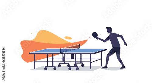 Figure plays table tennis, blob art in background