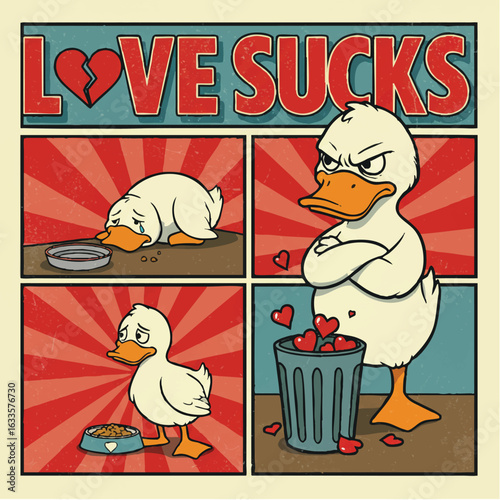 Funny retro comic strip of a sad duckling experiencing heartbreak and anger.
