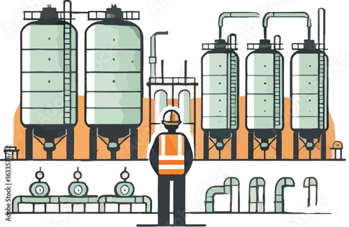 Industrial plant with worker and storage tanks factory