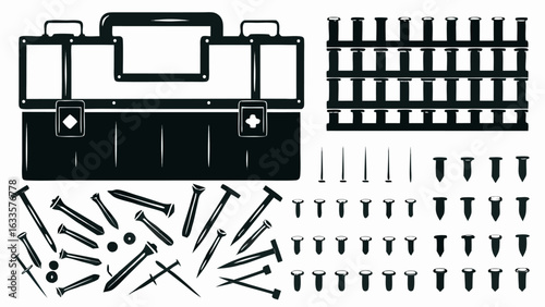 Illustration of a toolbox with a handle next to several nails of various shapes and sizes in black and white silhouette