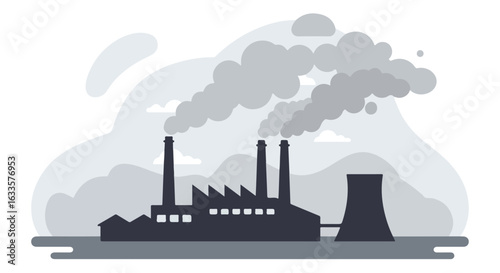 Silhouette of a factory emitting smoke with overcast gray, foggy background