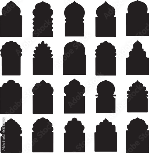 Elegant Collection of Silhouette Arches Architectural Designs Evoking Middle Eastern and Indian Aesthetics Featuring Varied Shapes and Styles