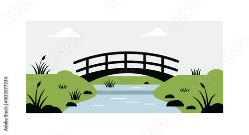 Arched bridge over stream in a park setting, with simple, flat illustration